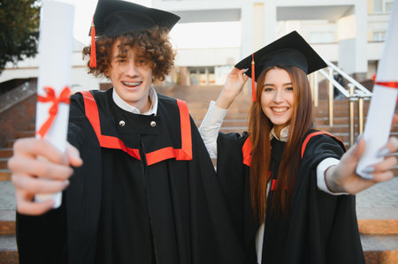 Portrait of two happy advancing studentsの写真素材