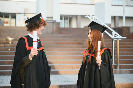 Happy friends on graduation day. Portrait of two cheerful joyful students standing near university...