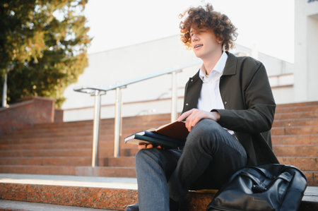 University.Smiling young student man holding a book and a bag on a university background .Young smiling student outdoors Life style.City.Studentの写真素材