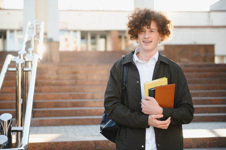 Portrait of a happy male student standing on campus with bag.の写真素材