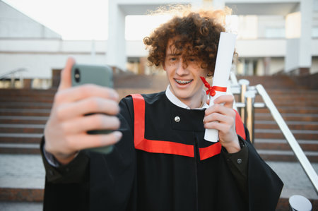Excited male student in mantle scream graduate from university finish course studying. Happy man triumph holding college diploma in hands overjoyed with high school graduationの写真素材