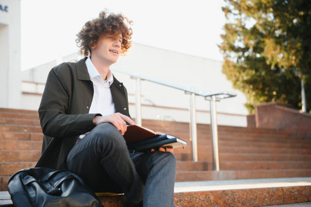 happy young student boy, on a sunny day, reading a book and study and is very smiley.の写真素材