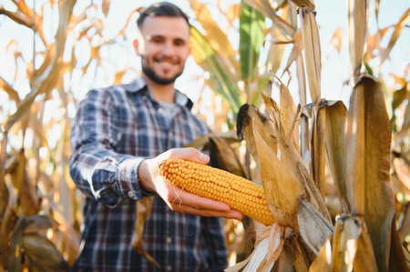 Farmer in field checking on corncobs.の写真素材