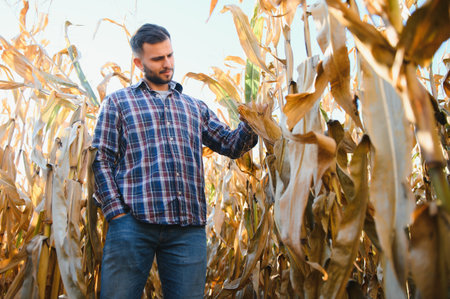 Farmer in field checking on corncobs.の写真素材