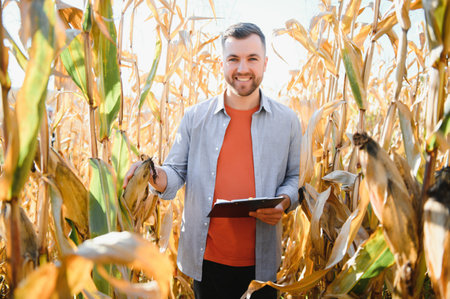 A man inspects a corn field and looks for pests. Successful farmer and agro business.