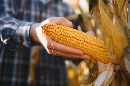 Farmer in field checking on corncobs.の写真素材