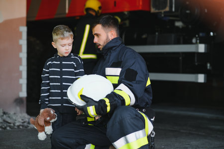 Dirty firefighter in uniform holding little saved boy standing on black background