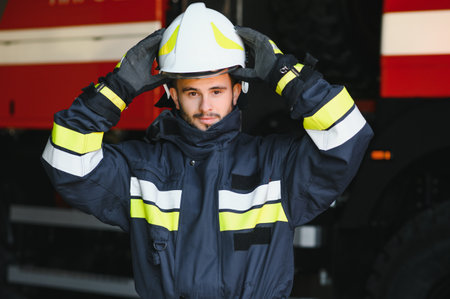 Photo of fireman with gas mask and helmet near fire engine.