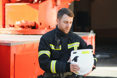 Photo of fireman with gas mask and helmet near fire engine.