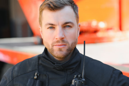 Firefighter portrait on duty. Photo fireman with gas mask and helmet near fire engineの写真素材
