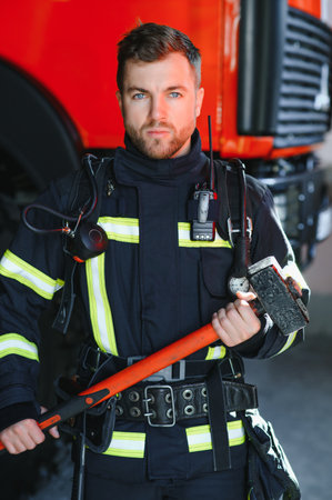 Photo of fireman with gas mask and helmet near fire engine.の写真素材