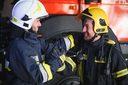 Two firefighters in protective clothing in helmets with fire engine, friendly handshake.