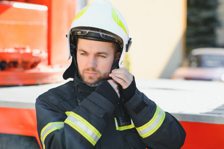 Photo of fireman with gas mask and helmet near fire engine.の写真素材