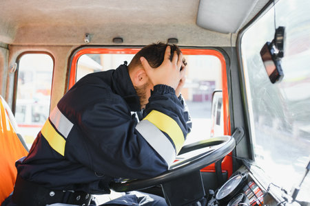 Firefighter at the wheel of an emergency vehicle drives to the scene of action and extinguishes fireの写真素材