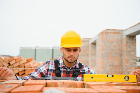 Installing brick wall. Construction worker in uniform and safety equipment have job on building.