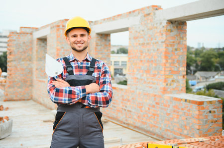 Construction worker in uniform and safety equipment have job on building.