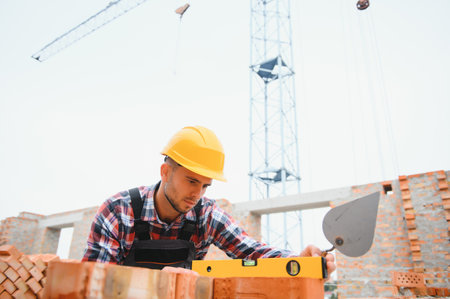 Using bricks. Young construction worker in uniform is busy at the unfinished building.