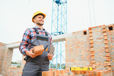 Construction worker in uniform and safety equipment have job on building.