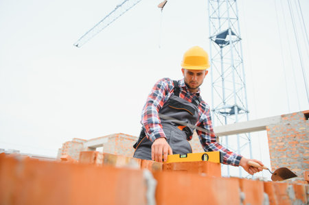 construction mason worker bricklayer installing red brick with trowel putty knife outdoors