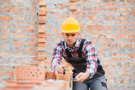 Construction worker man in work clothes and a construction helmet. Portrait of positive male builder...