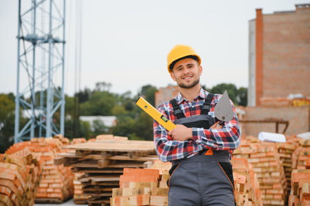 Construction worker man in work clothes and a construction helmet. Portrait of positive male builder in hardhat working at construction siteの写真素材