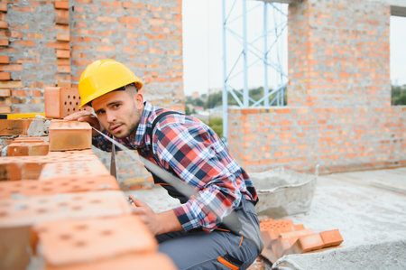 Construction worker man in work clothes and a construction helmet. Portrait of positive male builder...