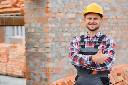 Construction worker man in work clothes and a construction helmet. Portrait of positive male builder...