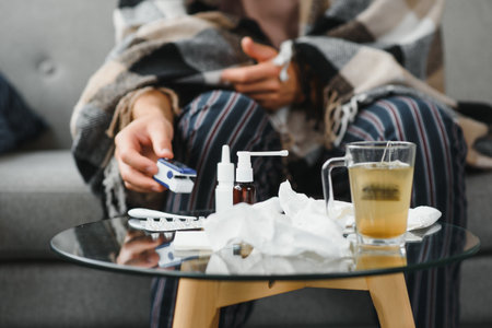 Close up of oximeter on hand of ill person resting while measuring oxygen saturation and pulse pressure to check virus symptoms. Sick adult using device for healthcare treatmentの写真素材
