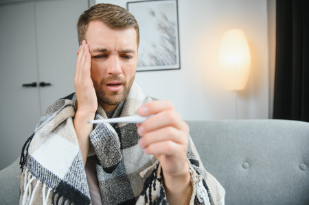 Sick man lying on sofa checking his temperature under a blanket at home in the living room.