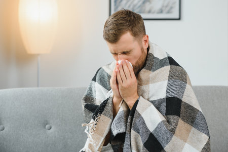 Sick adult man who has bad cold or seasonal flu virus is fighting illness at home. Unhappy middle aged man is sitting on sofa wrapped in warm scarf and plaid, holding paper tissue and sneezingの写真素材