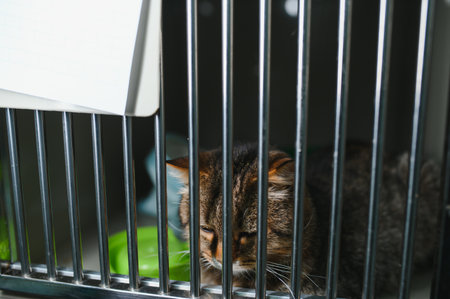 Abandoned cat behind the fence in animal shelter. Pet adoption. Playful tabby cat.の写真素材