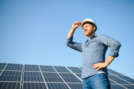 The solar farm(solar panel) with engineer check the operation of the system, Alternative energy to conserve the world's energy, Photovoltaic module idea for clean energy production.の写真素材
