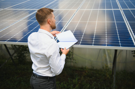 Engineer at solar power station with solar panel. Practical lessons on renewable energy power plantsの写真素材