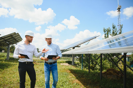 The solar farm(solar panel) with two engineers walk to check the operation of the system,...