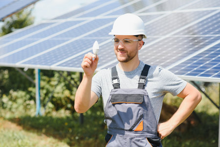 Technical expert in solar photovoltaic panels, remote control performs routine actions to monitor the system using clean renewable energy in the hand a light bulbの写真素材