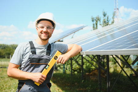 A man working at solar power stationの写真素材