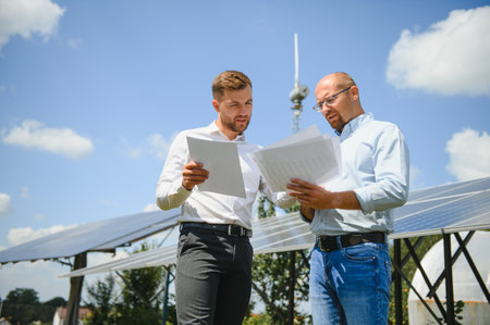 Two engineers are conducting outdoor inspection of solar photovoltaic panels.