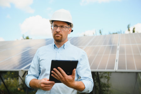solar power plant. man standing near solar panels. Renewable energy.の写真素材