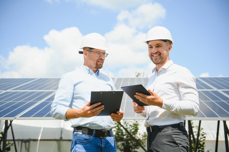 The solar farm(solar panel) with two engineers walk to check the operation of the system,...