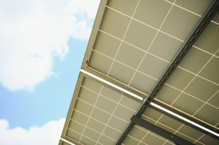 power solar panel on blue sky background, alternative clean green energy concept.