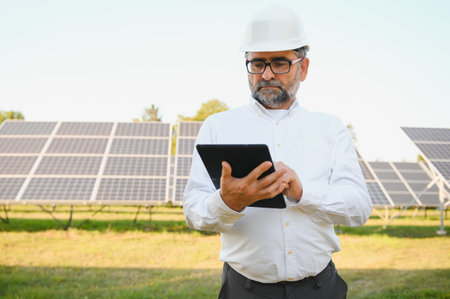 Elderly engineer is checking with tablet an operation of sun and cleanliness on field.の写真素材