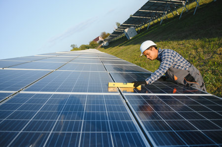 Male arabian engineer in helmet and brown overalls checking resistance in solar panels outdoors....