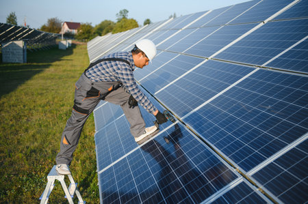 Portrait of Young Indian man technician wearing white hard hat standing near solar panels against...