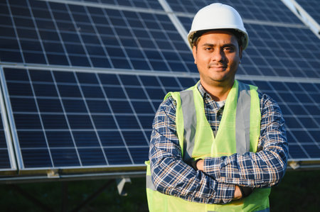 Portrait of Young Indian man technician wearing white hard hat standing near solar panels against blue sky. Industrial worker solar system installation, renewable green energy generation conceptの写真素材