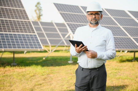 Elderly engineer is checking with tablet an operation of sun and cleanliness on field.の写真素材
