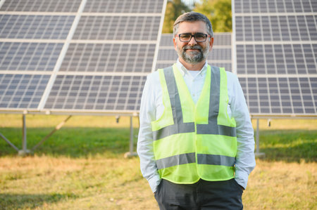 Architect standing by solar panels