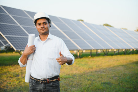 An Indian male engineer working on a field of solar panels. The concept of renewable energy.の写真素材