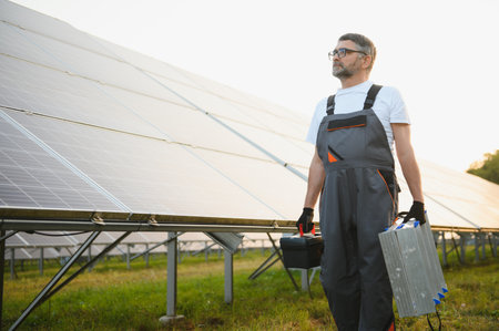 Worker installing solar panels outdoors.
