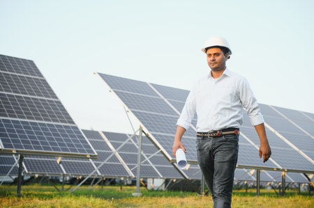 Portrait of Young Indian male engineer standing near solar panels, with clear blue sky background, Renewable and clean energy. skill india, copy space.の写真素材
