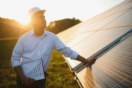 Portrait of Young Indian male engineer standing near solar panels, with clear blue sky background, Renewable and clean energy. skill india, copy space.の写真素材